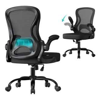 SONGMICS Bürostuhl ergonomisch, Drehstuhl mit Netzgewebe, Schreibtischstuhl mit Lendenstütze, Wippfunktion, klappbare Armlehnen, für Arbeitszimmer, Schlafzimmer, tintenschwarz