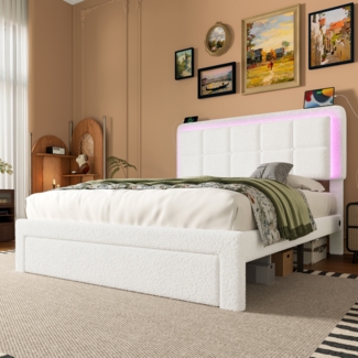 Polsterbett 160x200 cm aus Teddy-Samt mit Stauraum und LED-Beleuchtung