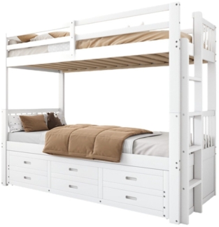 Ulife Etagenbett Kinderbett Holzbett Jugendbett Kiefer, Ausziehbett 3 Liegefläche und 3 Schubladen