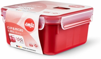 Emsa Mikrowellendose Clip & Micro N10604 | Mikrowellenventil | 1,3 L | Quadratisch | Lunchbox | Integrierte Maßeinteilung | Made In Germany | Rot/ Transparent