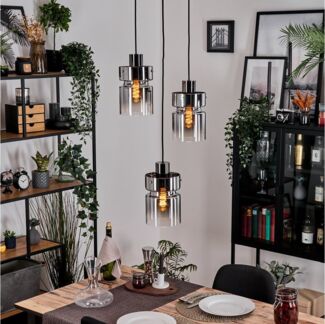 hofstein Hängeleuchte 3-flammige Hängelampe aus Metall/Glas Schwarz/Chrom/Rauchfarben/Klar, ohne Leuchtmittel, Vintage-Design (15cm), E27, Pendelleuchte verstellbar bis 150cm