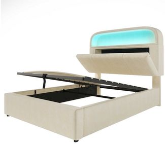 BlingBin Polsterbett Stauraumbett (1-tlg, mit Höhenverstellbares Kopfteil, LED, USB- & Typ-C-Ladestation), 90x200 cm hydraulischem Stauraum, stabilem Metallrahmen