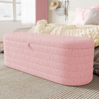 Vielseitiger Fußhocker 120x40 cm mit Stauraum, Teddy-Samtbezug, Ottomane, Sitzbank für Wohnzimmer, Schlafzimmer, Eingang,Rosa