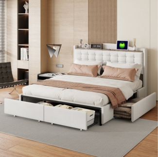 Flieks Polsterbett, Doppelbett 160x200 cm mit USB-Ladeanschluss + 4 Schubladen Leinenstoff