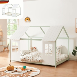 DELUKE® Kinderbett 120x200 GELO - mit Lattenrost Rausfallschutz Haus-OptikEinzelbett aus Holz Hausbett Kinderzimmer Montessori Bett Mintgrün