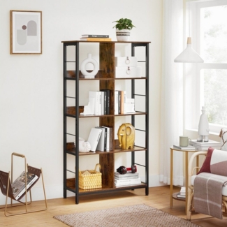Vasagle Standregal, Bücherregal, Büroregal, mit 8 Fächern, Dekoregal, offen, für Büro, Wohnzimmer, Schlafzimmer, 80 x 33 x 149 cm, Industrie-Design, vintagebraun-schwarz
