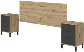 Dmora Allan Nachttisch, Schlafzimmerset, Kopfteil und 2 Nachttische mit 3 Schubladen, 160x2 cm, Eiche mit Knoteneffekt und Anthrazit