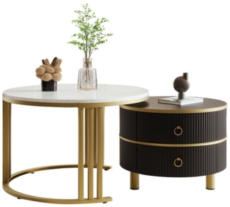 Merax Couchtisch Set aus Holz mit Schubladen und Metallrahmen, Wohnzimmertisch, Satztisch in Marmoroptik, Beistelltisch hochglanz