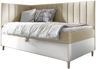 MEBLINI Kinderbett mit Bettkasten MAYA 3 100x200 Links - H3/Beige Samt Gepolstert Einzelbett mit Matratze - Polsterbett mit Stauraum - Bett mit Kopfteil – Stauraumbett