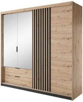 MOEBLO Kleiderschrank ANTALYA 220 (Schrank mit vielen Einlegeböden und Kleiderstange Schlafzimmer-Wohnzimmerschrank Schiebtüren Deruhtüren, Gaderobe mit Spiegel Schwebetürenschrank 2-türig Loft Design) - (BxHxT): 220x210x60cm