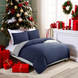 Bettwäsche Microfaser Marineblau/Hellgrau 200x200cm + 2x80x80cm