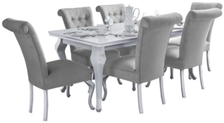 Deine Möbel 24 Essgruppe LUISE Tischgruppe Glamour Tisch mit 4 / 6 Stühlen Esszimmer, (Graphit Anthrazit Dunkelgrau Grau Beige Schwarz, 7-tlg, Wohnzimmer, Esstisch aus Massivholz), in Weiß hochglanz Stühle in Samt Velour 140x80x180 170x90x210