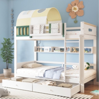 Flieks Etagenbett, Hausbett Kinderbett 90x200cm mit Zelt-Design und 2 Schubladen