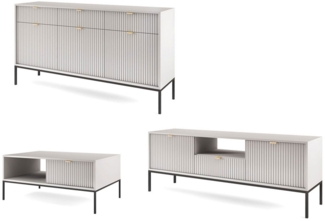 Feldmann-Wohnen Wohnwand Nova, (1 Lowboard, 1 Couchtisch, 1 Sideboard, mit Türen, mit Schubladen, 3-St, 3-teilig, Riffel-Optik Front, goldfarbene Metallgriffe, ABS-Kanten), Farbe wählbar, MDF-Fronten mit ausdrucksstarkem geriffelten Muster