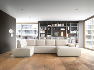Vente-unique - Große Wohnlandschaft mit Schlaffunktion - Ecke rechts - Strukturstoff - Beige - AMELIA