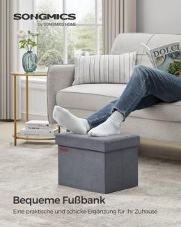 Songmics Sitzbank mit Stauraum aus Samt, klappbare Sitztruhe, Aufbewahrungsbox mit Deckel, Fußbank, 31 x 41 x 31 cm, bis 130 kg belastbar, für Flur, Wohnzimmer, Schlafzimmer, schiefergrau LSFDE200G01