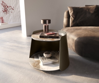 Couchtisch Daban 59x59 cm Keramik Minas Melange Weiß-Beige Gestell Metall Titanfarbig