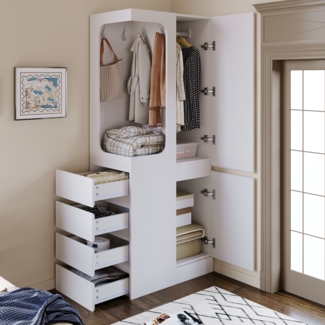 Merax Kleiderschrank 70 x 40 x 170 cm, mit Schubladen und Staufächern, offenem Kleiderbereich, eintürig, Weiß