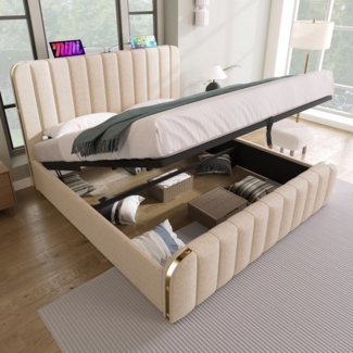 STILVORA Polsterbett Bettgestell 180×200 gepolsterte Kopfteil Jugendbett mit Stauraum,USB-C (Beige Leinen-Material Hydraulisches Lagerbett, 1-tlg, 180*200 cm, ohne Matratze), mit USB- und Typ-C-Ladeanschluss in der Mitte des Kopfteils