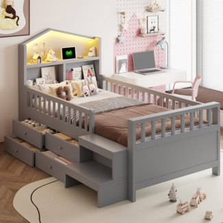 Kinderbett, Sicherheitsgitter, vier Schubladen, Stufen, LED-Leuchten, USB-/Typ-C-Anschlüsse, Massivholzbett, Einzelbett, Massivholz, Grau, 90×200 cm