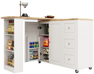 i@home Stehtisch Bartisch Kücheninsel 360°drehbar,Multifunktionaler Esstisch auf Rollen (Küchentheke mit viel Stauraum und drei Schubladen), Kommt mit Snackhalter. Multifunktionale Aufbewahrungsinsel, Weiß