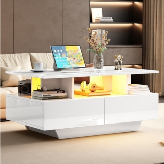 HAUSS SPOLE Couchtisch Hochglanz-Couchtisch mit LED-Beleuchtung und 2 Schubladen Weiß (Hochglanz-Wohnzimmetisch, Beistelltisch mit versteckem Stauraum, 1-St, 2 Schubladen), mit LED-Beleuchtung