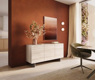 Sideboard Cuor 150 cm Keramik Laminam® Travertino Bianco Creme-Weiß 3 Türen Fuß Schwebeoptik Edelstahl