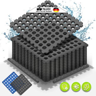 tillvex® Pool Bodenschutzmatte mit Löchern 4 Stück Schwarz | Unterlegmatte für Pool & Planschbecken 51x51 cm | Poolmatte Bodenmatte Outdoor | Poolunterlage Bodenschutz Matten wärmeisolierend | Whirlpool Bodenfolie weich