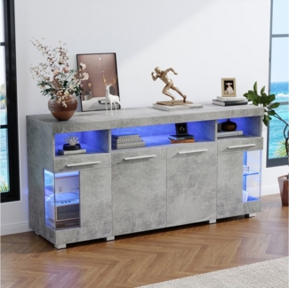 HAUSS SPOLE Sideboard Hochglanz mit LED Licht, Seitenschrank aus Glas mit 3 Fächern Grau (Beistelltisch Kommode, Anrichte, 1 St, 9 Fächern), mit LED Licht