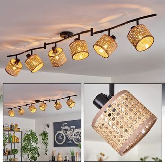 hofstein Deckenleuchte Deckenlampe aus Metall/Wiener Geflecht/Rattan in Schwarz/Natur/Beige, ohne Leuchtmittel, mit verstellbaren Strahlern, 6 x E14, ohne Leuchtmittel