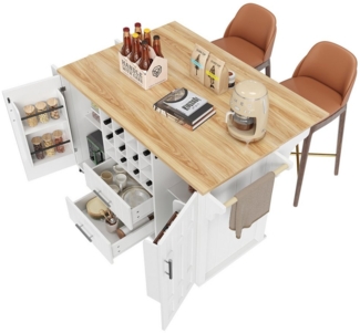 OKWISH Küchenwagen Multifunktionale Kücheninsel,Küchewagen, mit Schubladen, (Gesamtmaße (aufgeklappt): 140 x 65 x 94,5 cm (L x B x H) Gesamtmaße (zusammengeklappt): 140 x 40 x 94,5 cm (L x B x H), mit Holzmaserung, seitlicher Handtuchhalter, mit Weinre...