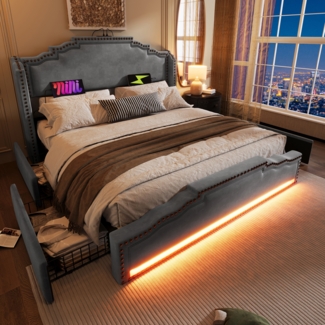 Polsterbett Vintage Bett mit handgefertigte Nieten, LED-Beleuchtung und USB-C-Ladeanschluss, 4 Schubladen. 140×200cm, ohne Matratze