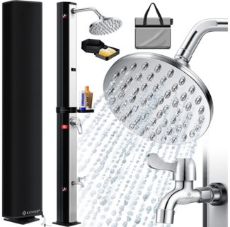 KESSER® Solardusche 40- 60 Liter Solar Gartendusche | warmes Wasser | max. 60°C | Inkl. Metall-Duschablage & Schutzhaube | Pooldusche Camping| Regenduschkopf und Wasserhahn Gartenschlauch-Anschluss Schwarz / Silber, 60 Liter