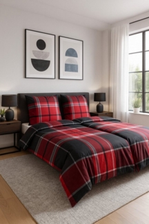 Casa Colori Bettwäsche Biber Bettwäsche 135x200 Anthrazit Grau Rot kariert, Biber, 4 teilig, 100% Baumwolle