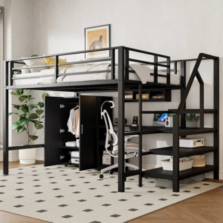 Flieks Hochbett Metallbett 140x200 cm mit Kleiderschrank Schreibtisch Stauraumtreppe