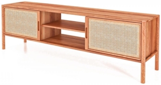 TV-Board Zola Kernbuche massiv und Rattan 204x64 cm mit 2 Schiebetüren