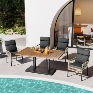 Merax Gartenlounge-Set 4-Sitzer Gartenmöbel Essgruppe Polyrattan mit Akazienholz Tischplatte, schwarz