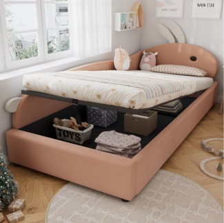 Flieks Polsterbett, Hydraulisches Kinderbett 90x200cm mit erhöhtem Zaun & Häschen-Kopfteil