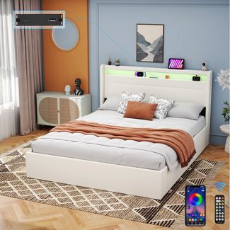 oyajia Polsterbett Stauraumbett Doppelbett LED, PU-Kunstleder (Type-C + USB, Hydraulisch hebbarer Stauraum), Modernes Jugendbett, Leises Design Bett, Max. Belastbarkeit 365 kg