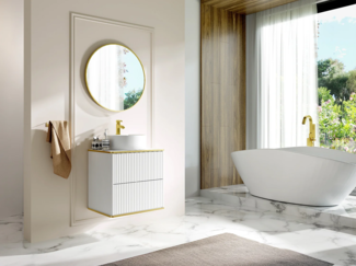 Vente-unique - Waschbeckenunterschrank hängend mit rundem Aufsatzwaschbecken - Streifenoptik - Goldfarbene Umrandung - Weiß - 60 cm - KELIZA