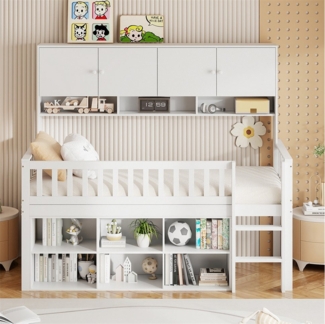 XDeer Kinderbett Kinderbett aus Holz 90*200 cm, mit Staufach, mit Schließfächern, und Sicherheitsleiter, Einzelbett, Kinderbett, weiß