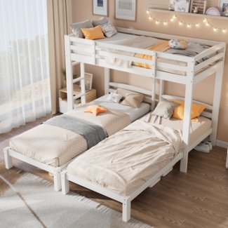 Merax Hochbett Etagenbett Dreierbett 90x200cm, Dreifaches Etagenbett mit Seitenleiter für Kinder und Jugendliche, Weiß