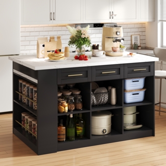 Kücheninsel mit ausziehbarem Esstisch Marmoroptik Schwarz Arbeitsfläche Stauraum Küche Moder