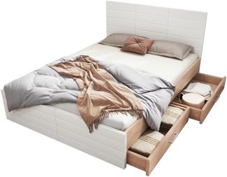 Merax Doppelbett 140×200cm Holzbett Bettanlage mit 2 Schubladen, Modernes Bett inkl. Bettgestell &Lattenrost Set in Eiche/Weiß (Ohne Matratze)