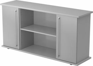 bümö Sideboard Grau/Silber mit Flügeltüren & Regal - Büromöbel Sideboard Holz 166cm breit, 45cm schmal, Büro Schrank für Flur oder als Wohnzimmer-Kommode mit Relinggriffen, SB2T-5-S-RE