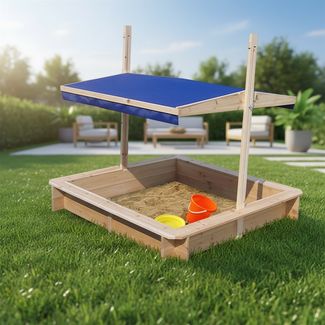 Mucola Sandkasten mit verstellbarem Dach, Holz natur / blau, 120 x 120 x 120 cm