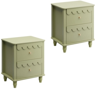 UEV Nachttisch 2er Set, Kinder Nachtschrank, Beistellschrank (Nachtkommode mit 2 Schubladen für Kinderzimmer/Schlafzimmer/Wohnzimmer, 2er Set Sofatisch Beistelltisch), Wellenförmige Design und Goldenen Griffen 50 x 40 x 60 cm