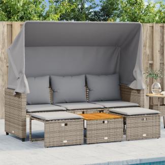 vidaXL Outdoor-Sofa 3-Sitzer mit Dach und Hockern Grau Poly Rattan 365454