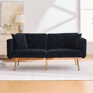 Sofa Dreisitzer Sitzfläche 165*72.5*75 cm, Velvet schwarz, 3‑stufig verstellbare Rückenlehne und Schlaffunktion