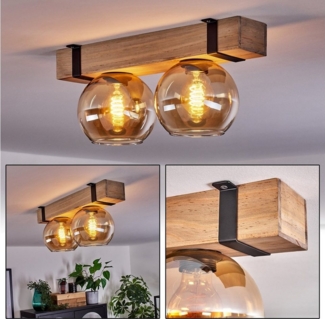 hofstein Deckenleuchte Deckenlampe aus Metall/Holz/Glas in Schwarz/Natur/Bernsteinfarben, ohne Leuchtmittel, Holzbalken und Glasschrimen Ø15cm, 2x E27, ohne Leuchtmittel